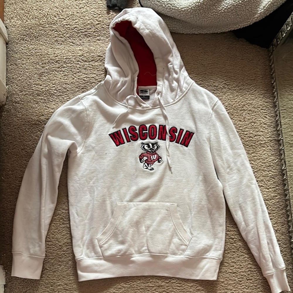 Wisconsin White Hoodie with Red Accents